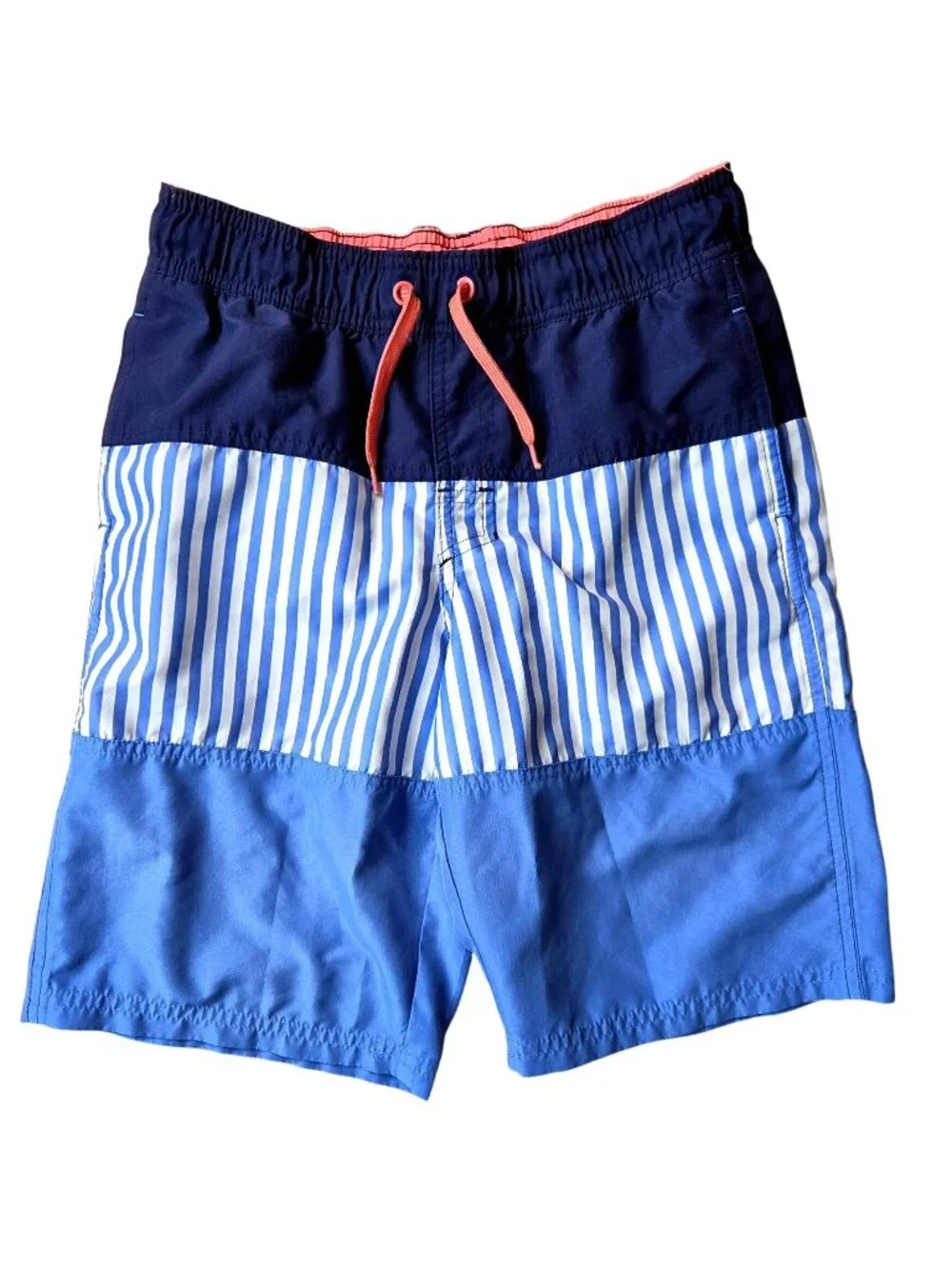 Boys Cat & Jack Large Swim Trunks Blue & White Striped Elastic Waist Mesh Lining